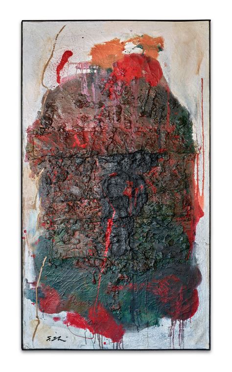 an abstract painting with red, green and black colors on it's surface ...