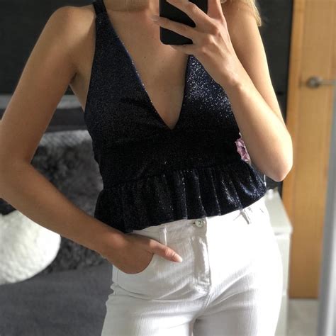 plunge crop top with flared waist and glitter detail... - Depop