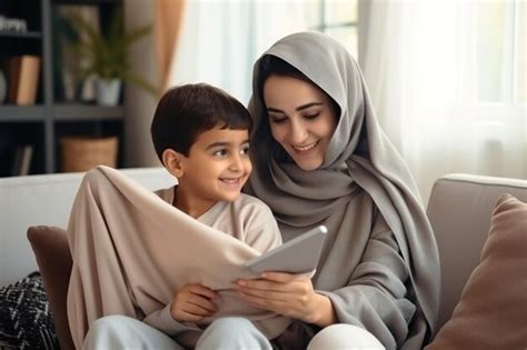 Premium Photo | Smiling Arabian mother with son using tablet at home ...