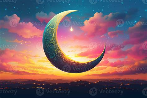 Islamic crescent moon on vibrant sky. Generative AI 31579801 Stock ...