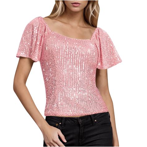 JIUKE Sequin Going out Tops for Women Ruffle Short Sleeve Square Neck