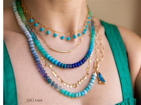 Turquoise Emerald Necklace in 14K Solid Gold, Aqua Blue green Gemstone ...