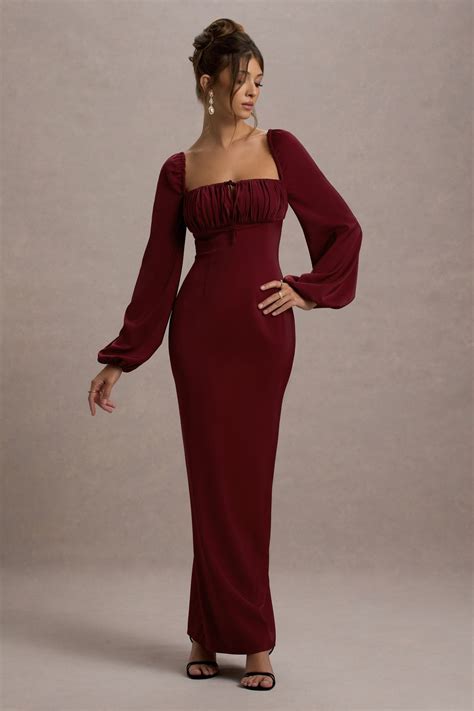 Nika Berry Satin Square-Neck Balloon-Sleeve Maxi Dress – Club L London