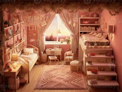 Cozy pink colorful girly theme bedroom for girls. Generative AI ...