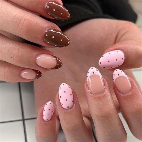 pink brown polka dot french nails custom press  nails hand