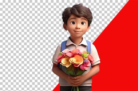 Premium PSD | 3d render a cute little boy holding a flowers bouquet
