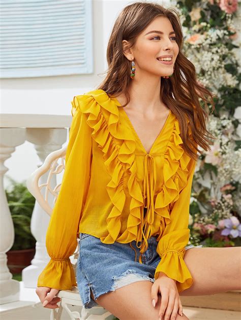 tie front layered ruffle trim top check   tie front layered