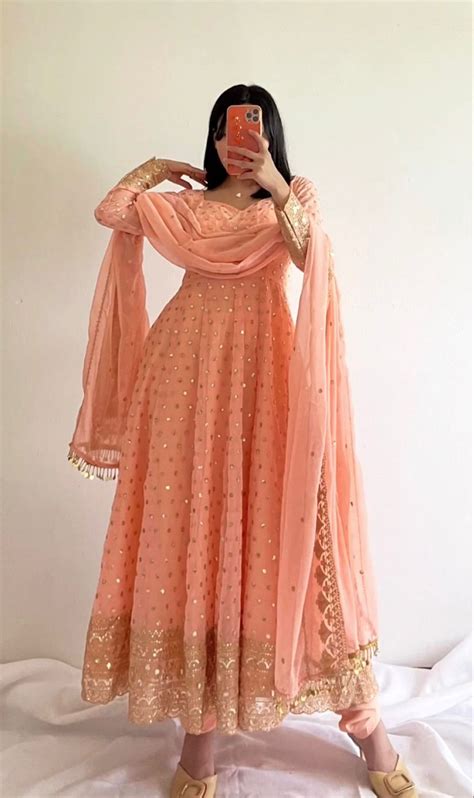 Peach color gown for wedding reception | Anarkali dress, Party wear