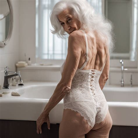 Lace lingerie, 90year old, white hair, thin waist, by johnjayl on