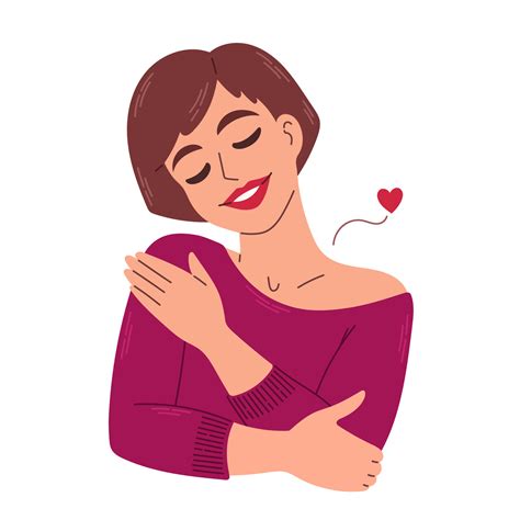 Love yourself. Woman hugging herself with heart. Love your body concept