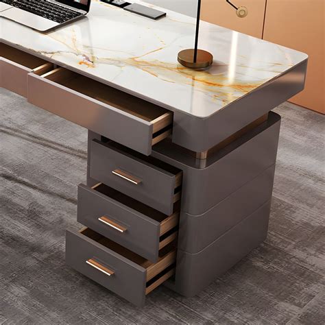 Grey Office Desk Mirrored Rectangular Drawers Storage Desk with Metal ...