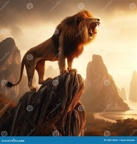 A Male Lion with a Thick Mane Standing in the African Savanna, with a