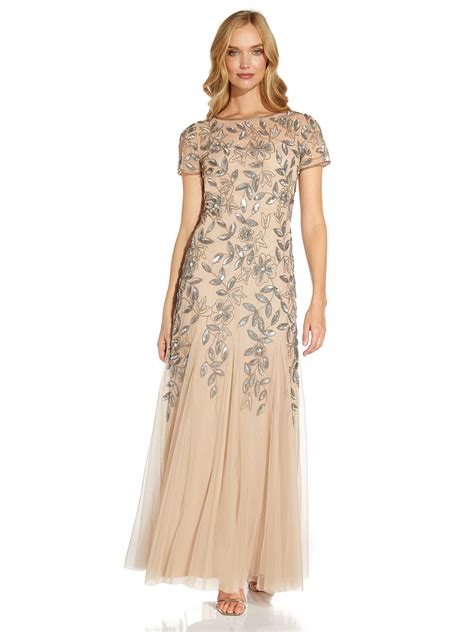 Adrianna Papell Women's Floral Beaded Godet Gown, Taupe/Pink, 10