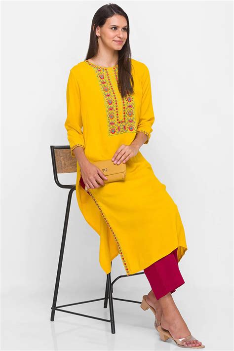 New Stylist Mustard Yellow Kurti with Faux Mirror work LKV00985
