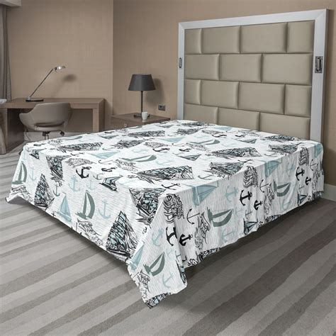 Ambesonne Nautical Flat Sheet Ships Anchors Ocean Waves Grey Teal and