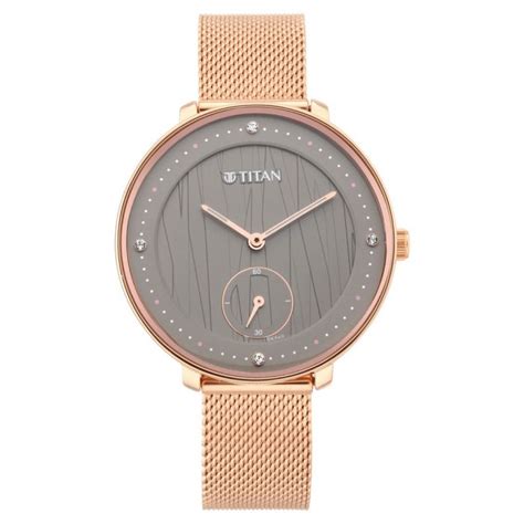 titan womens  grey dial rose gold stainless steel strap