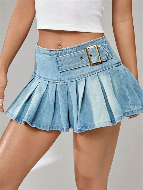 Buckle Detail Pleated Hem Denim Skirt in 2024 | High fashion outfits
