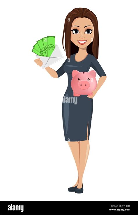 Modern young business woman with piggy bank and envelope full of money ...