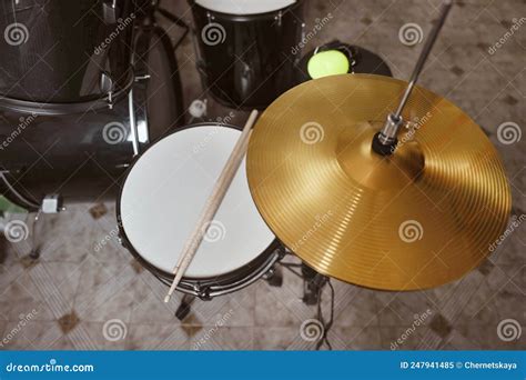 view  drum set  studio stock image image  skill gold