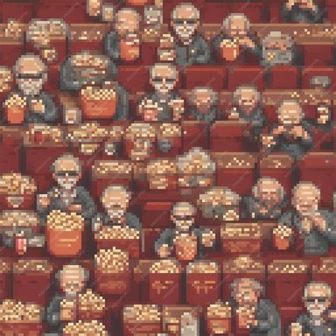 Pixel art of a bustling movie theater scene with patrons enjoying