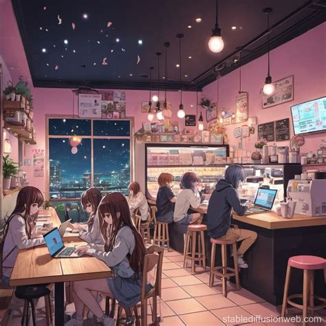 Nighttime Coffee Shop Study Session in Anime Style | Stable Diffusion ...