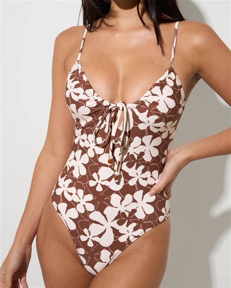 Shop Rhythm Melia Floral Tie Front One Piece Swimsuit In Chocolate