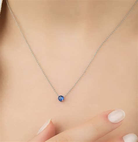 Sapphire Solitaire Necklace, 14K White Gold Sapphire Necklace, 5mm