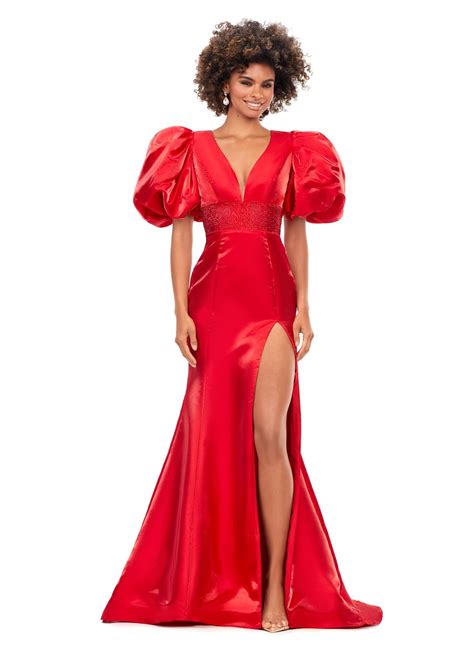 Ashley Lauren 11379 Fitted V-Neckline Gown with Oversized Puff Sleeves