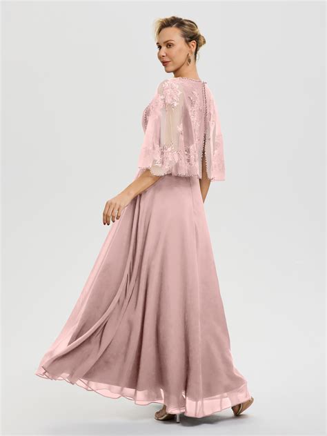 Dusty Rose Mother Of The Bride Dress Beaded Cape-Sleeve Jewel Neck Chi