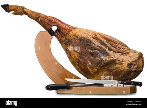 A front leg of Serrano ham mapped on a wooden stand on a white ...