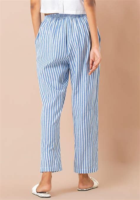 Buy Women Blue White Striped Cotton Narrow Pants - Bloggers-Page ...