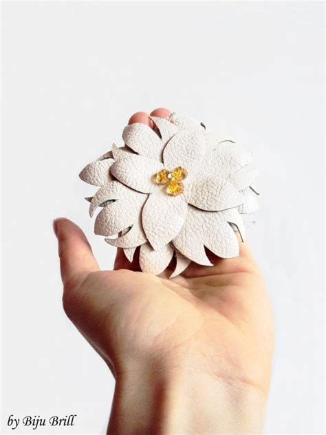White Leather Flower Brooch, Statement Floral Pin, Bold Nature Jewelry ...
