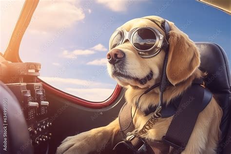 excited golden retriever dog dressed as a pilot sitting in a cockpit ...