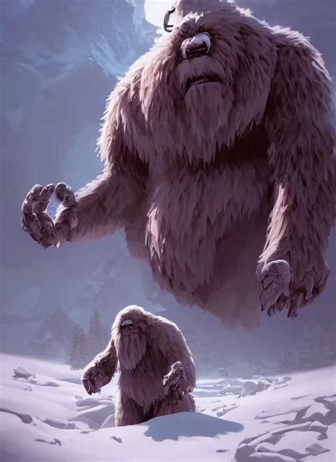 giant yeti monster towering  snow covered trees stable diffusion