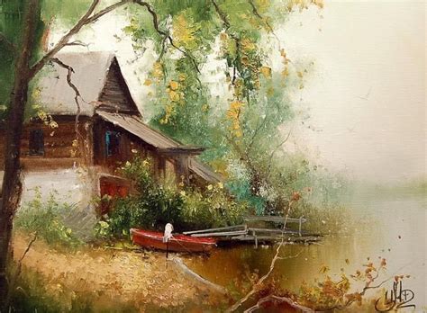 an oil painting of a boat in front of a house