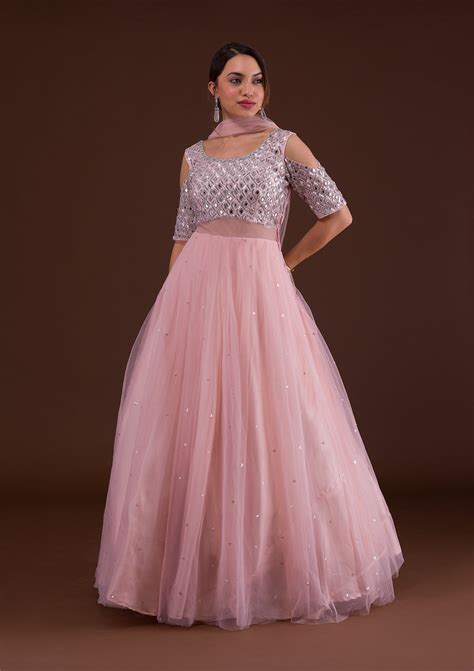 Buy Pink Mirrorwork Net Designer Gown - Koskii