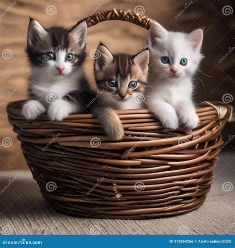 A Trio of Kittens of Different Breeds, Peeking Out from a Wicker Basket ...