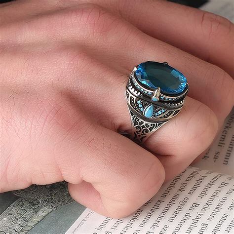 925 Sterling Silver Blue Topaz Stone Men's Ring // Silver + Blue (6.5