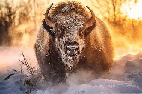 Premium AI Image | A bison in the snow with the sun shining on it.