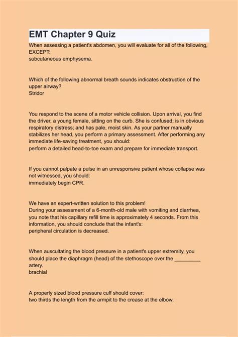 EMT Chapter 9 Quiz with 100% correct answers | verified | latest update