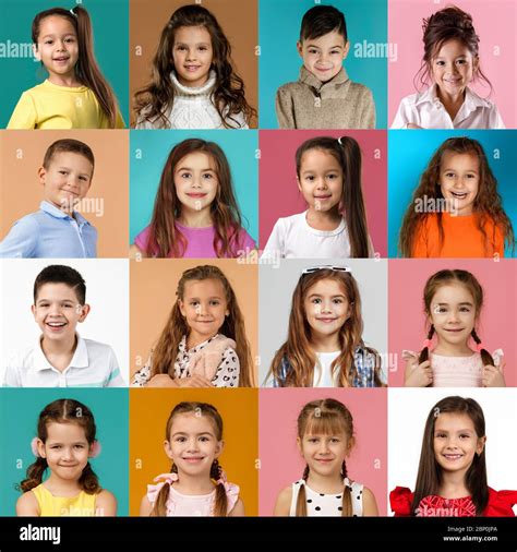 collage of happy smiling faces of kids. Happy child girls and boys ...