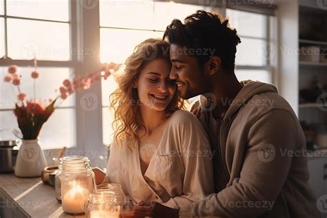 AI generated Interracial couple in love hugging tenderly in the kitchen