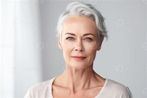 Beautiful mid aged mature woman looking at camera isolated on white