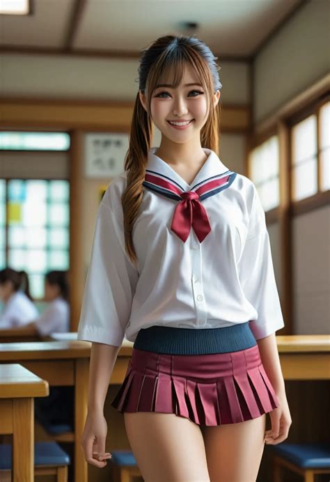 Mujer asiática vestida con uniforme escolar posando para una foto