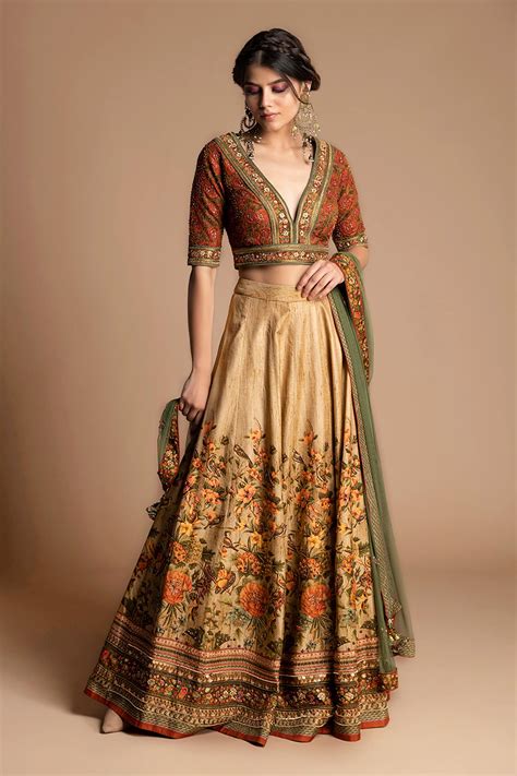 Buy Beige Dola Silk V Neck Printed Lehenga Set For Women by Kalista
