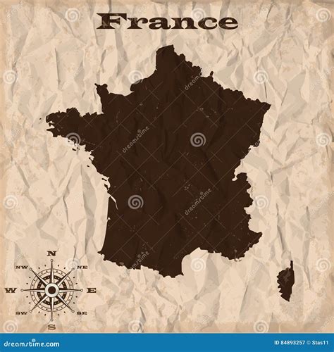 France Old Map with Grunge and Crumpled Paper. Vector Illustration