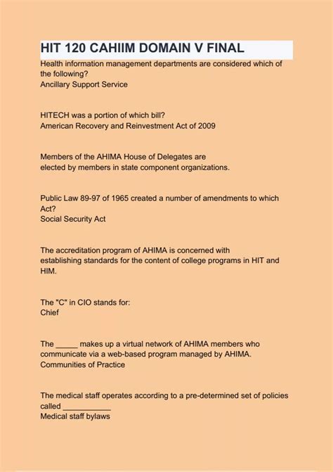HIT 120 CAHIIM DOMAIN V FINAL (LATEST 2025/ 2026 UPDATE) QUESTIONS AND