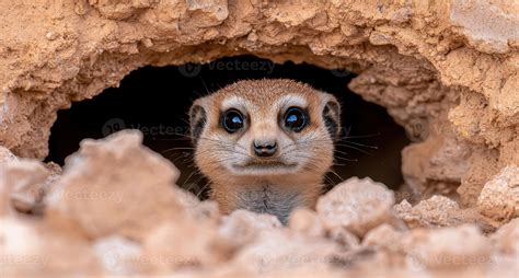 Cute meerkat peeking out from burrow 52340792 Stock Photo at Vecteezy