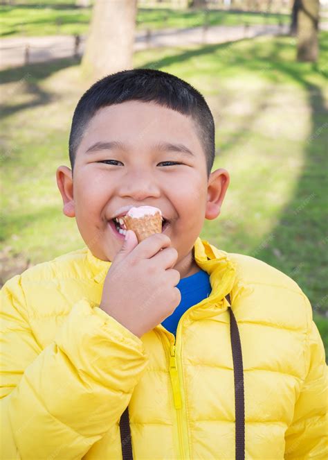 Premium Photo | Asian chubby boy eating strawberry icecream in park