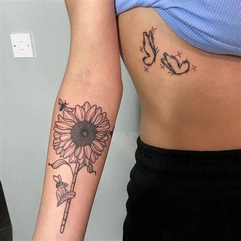 Sunflower with bees tattoo and barbed wire butterflies | Bee tattoo ...